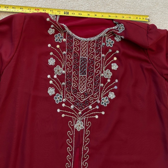 NWOT Maroon Abaya Kaftan Traditional Dress Ethnic Silver Floral Embroidery - Picture 8 of 10